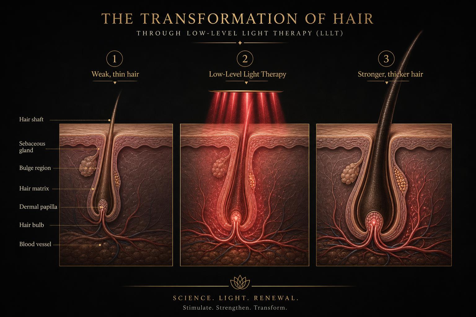 Three-stage diagram showing weak hair, low-level light therapy treatment, and resulting stronger thicker hair follicle