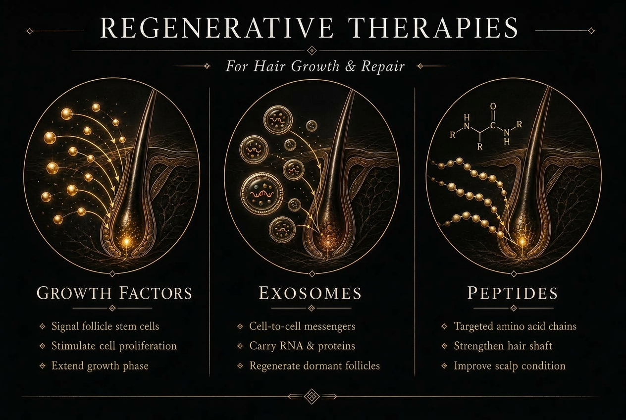 Diagram comparing growth factors, exosomes, and peptides for hair growth and repair